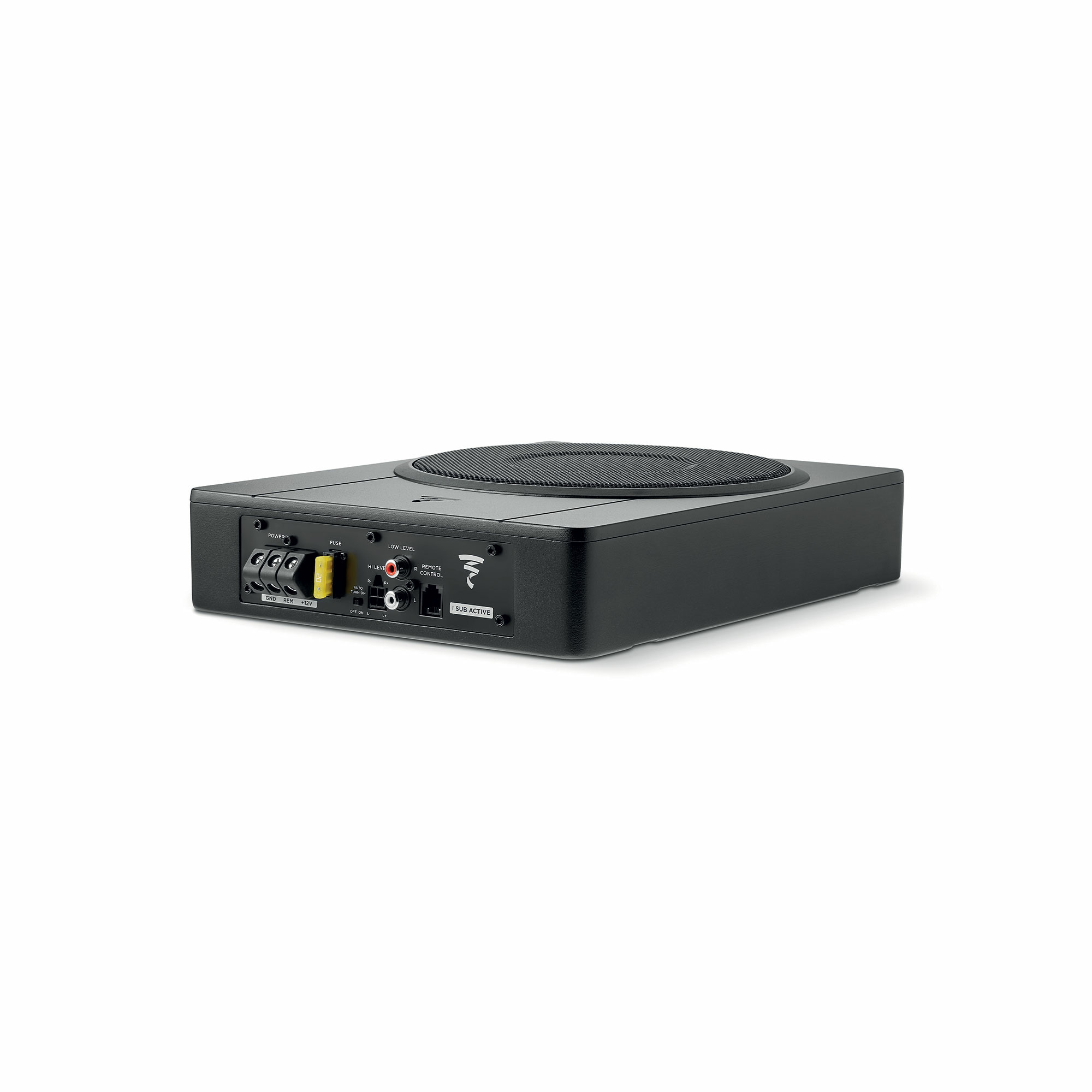 Schwarzer Subwoofer mit Anschlüssen: Power, Fuse, Low Level, Remote Control.