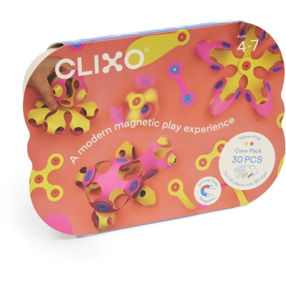 Scatola di giocattoli magnetici Clixo con pezzi gialli e rosa per giocattoli 3D.