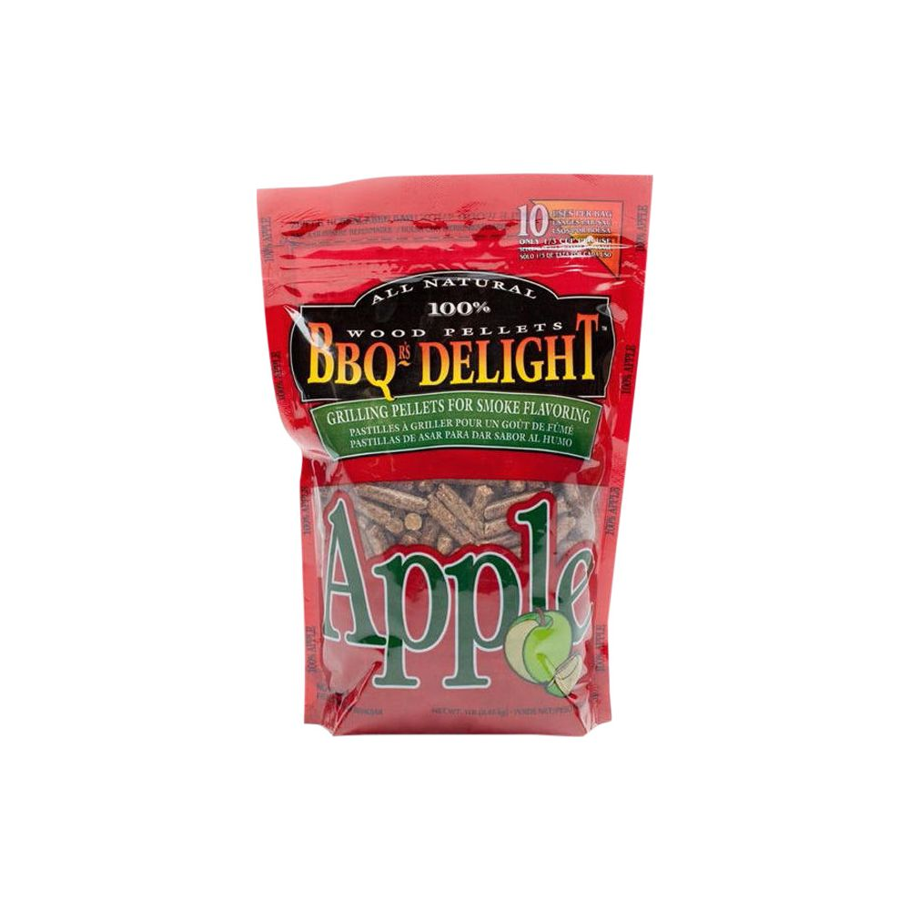 Una busta rossa di pellet di legno di mela BBQ Delight per grigliare.
