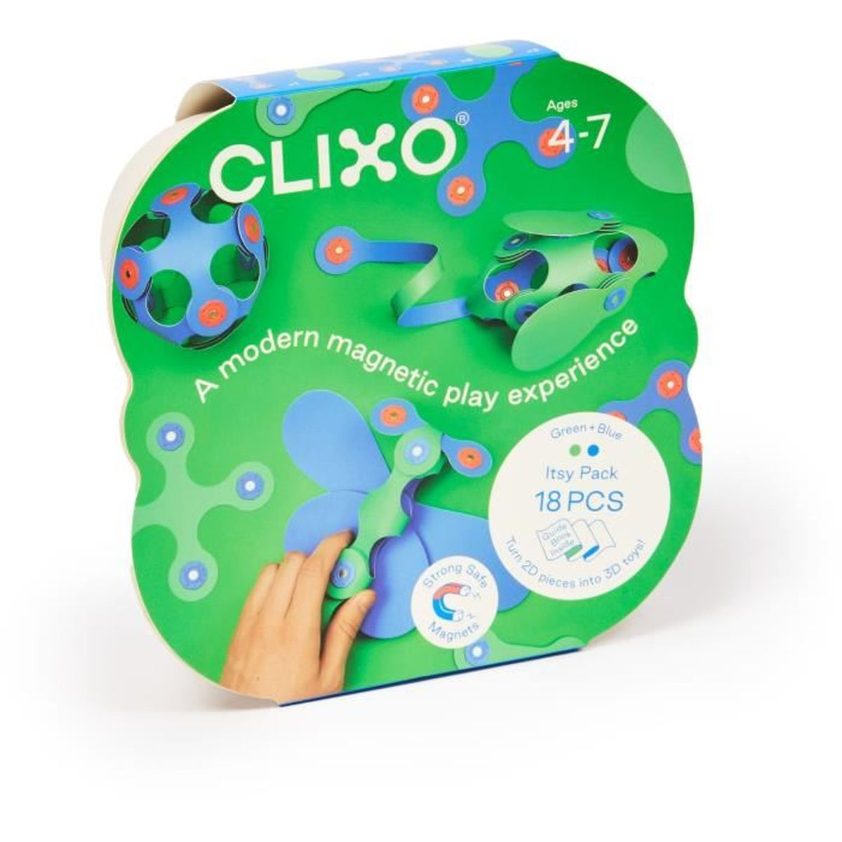 Scatola Clixo Itsy Pack per 4-7 anni con giocattoli magnetici da costruzione verdi e blu.