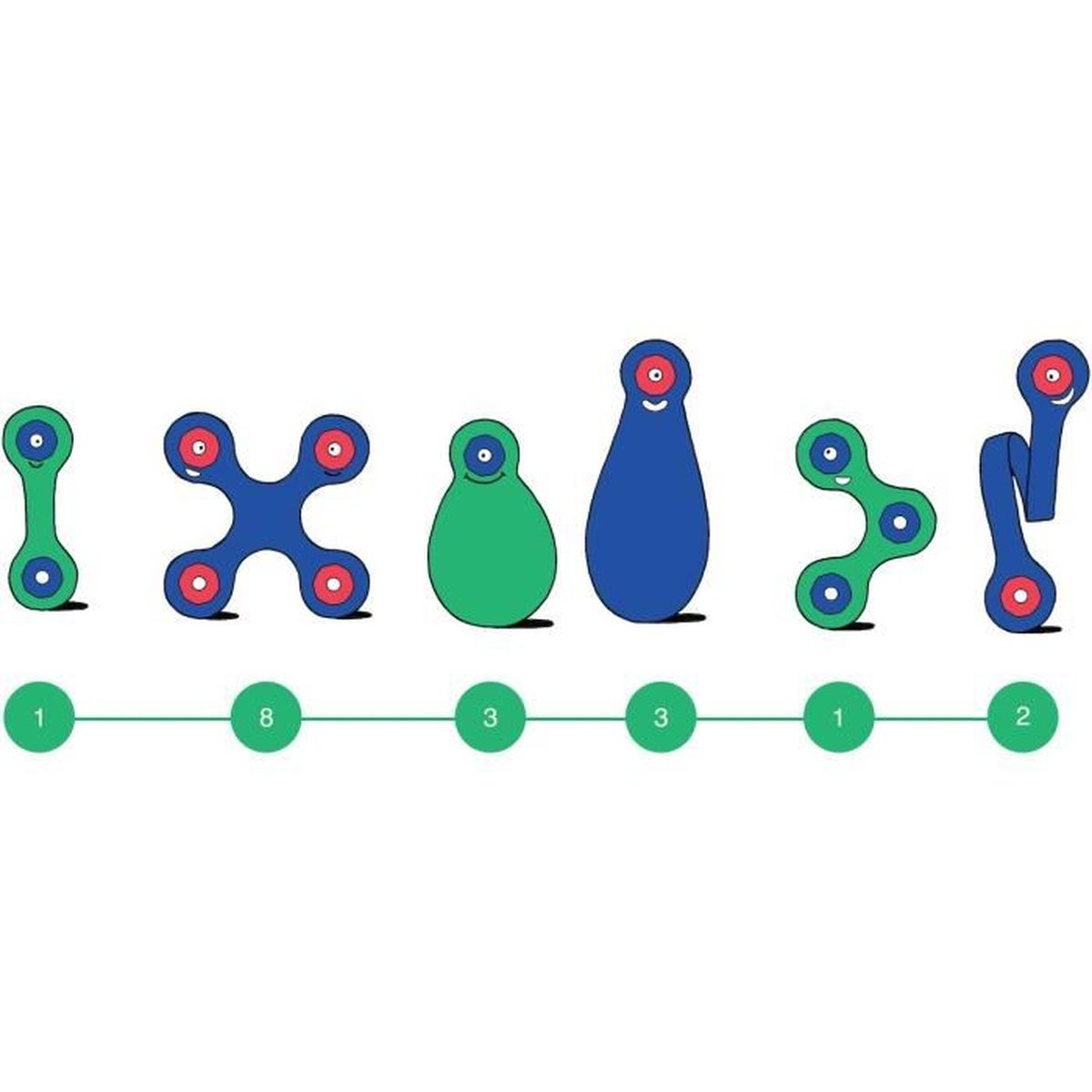Sei forme colorate con occhi, numerate da 1 a 3 e 8.