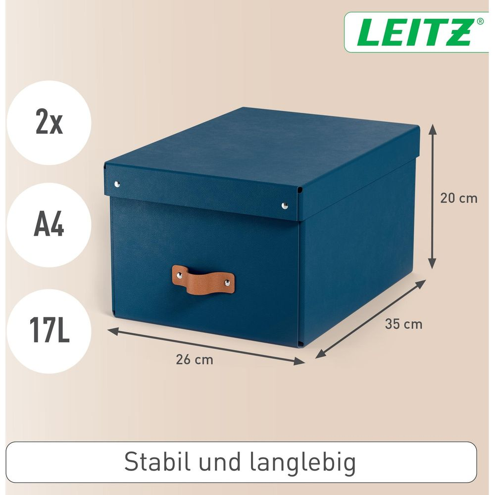 Dunkelblaue Aufbewahrungsbox mit braunem Griff, Maße 26x35x20cm.