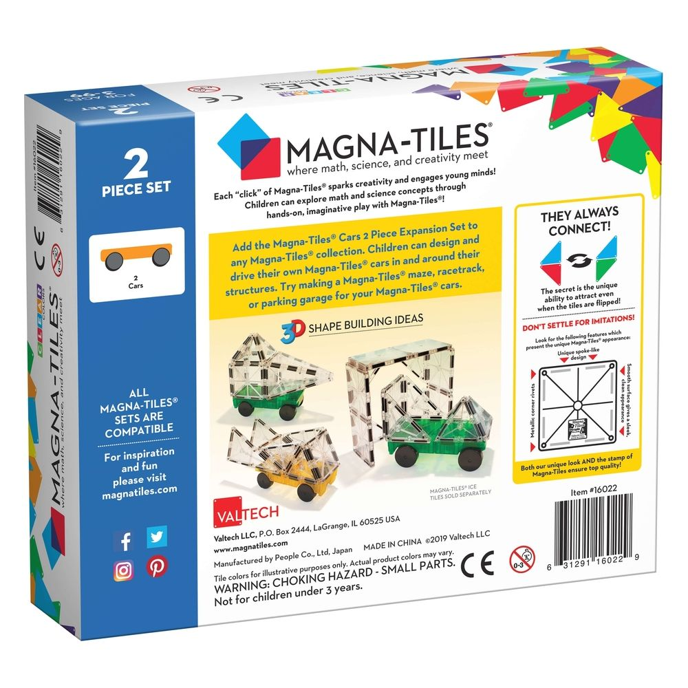 Set d'extension Magna-Tiles 2 Pièces Voitures, favorisant la créativité et les idées de construction.