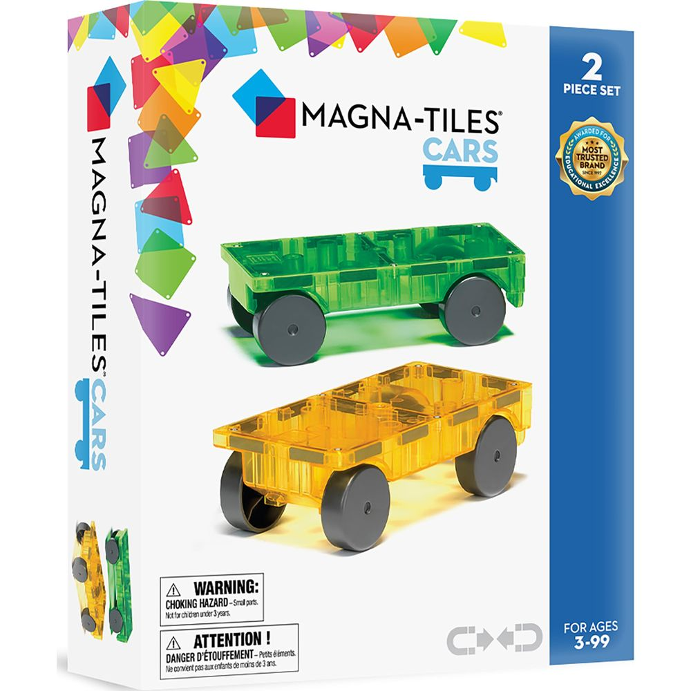 Boîte montrant deux voitures Magna-Tiles, une verte et une jaune, avec des tuiles colorées.