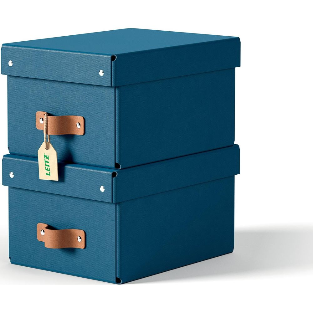 Zwei blaue Aufbewahrungsboxen mit braunen Griffen und einem Leitz-Etikett.