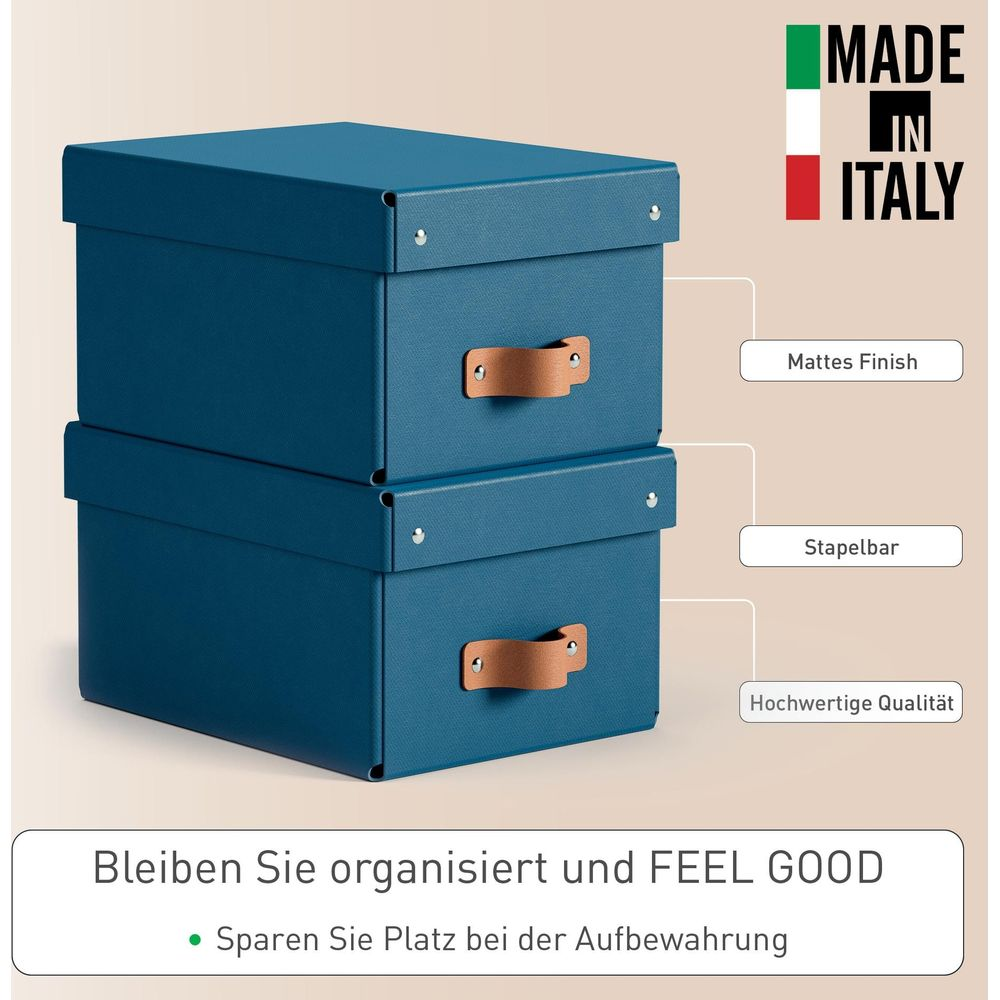 Zwei blaue Aufbewahrungsboxen mit Ledergriffen, Made in Italy.