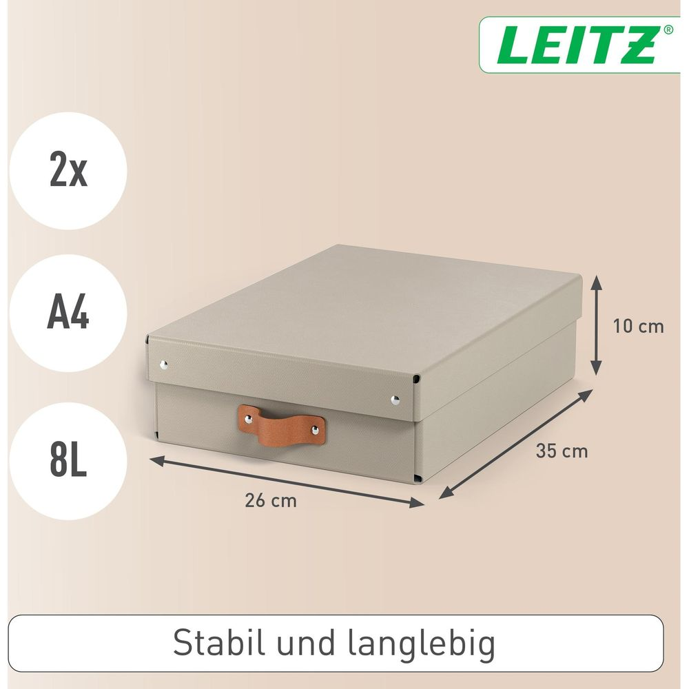 Grauer Leitz Aufbewahrungsbox, 35x26x10cm, mit Ledergriff. 2x A4, 8L.