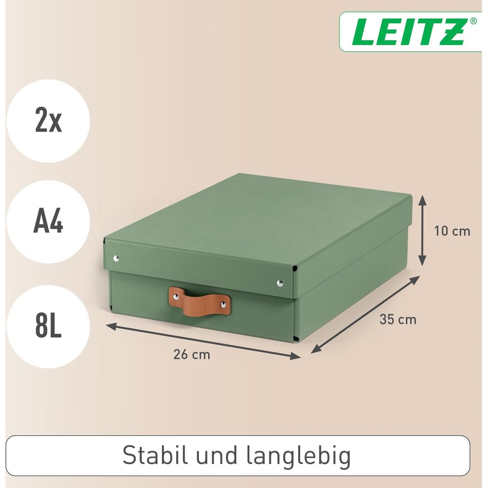 Grüne LEITZ Aufbewahrungsbox 26x35x10cm, A4, 8L, mit Henkel.