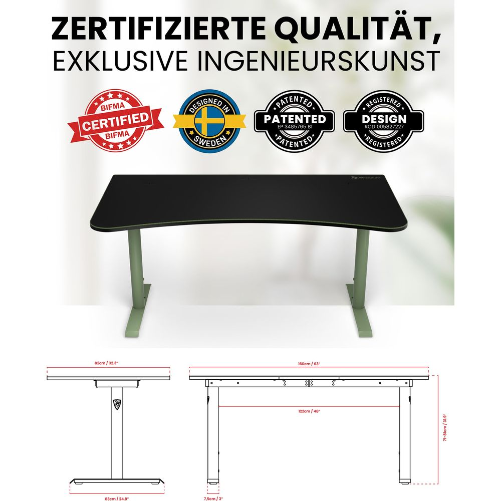 Ein schwarzer Schreibtisch mit grünen Beinen und Zertifizierungslogos. Technische Zeichnungen sind unten abgebildet.