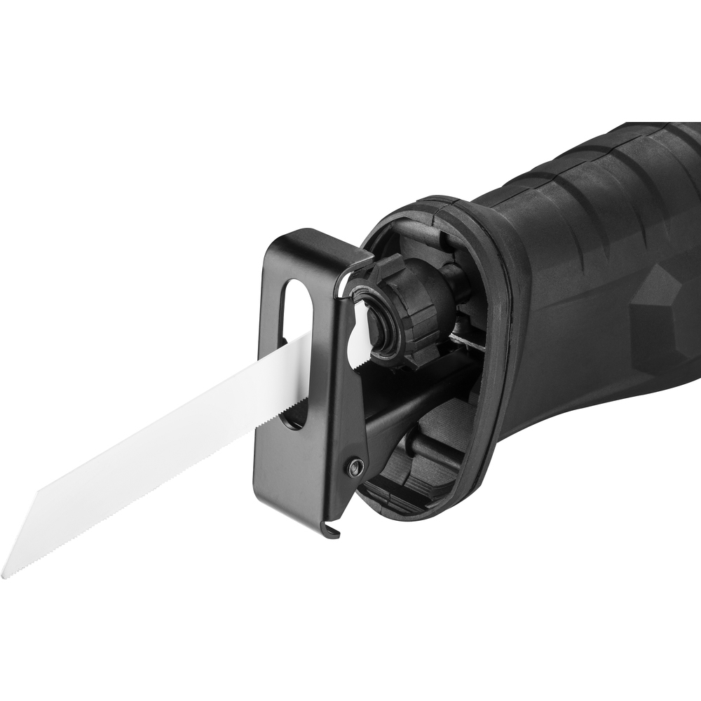 Czarna piła szablasta z zamocowanym białym brzeszczotem. Zbliżenie.