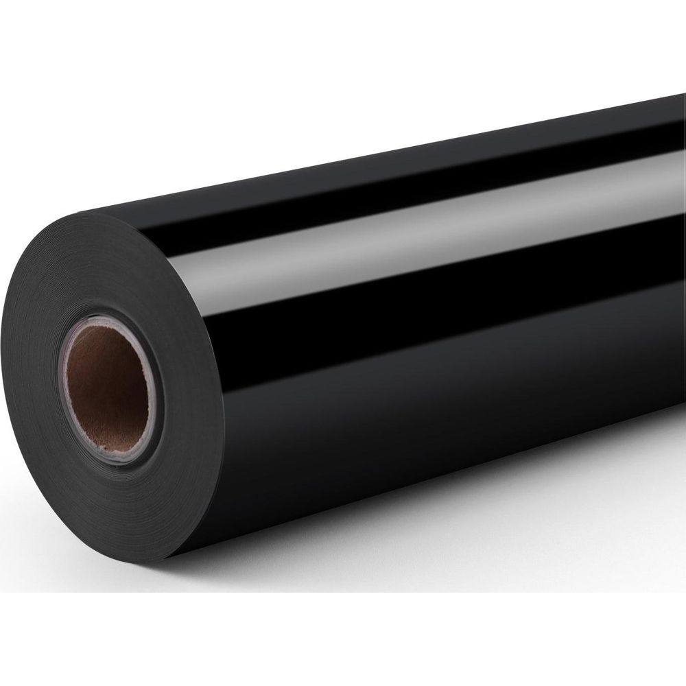 Rolle glänzendes schwarzes Vinyl mit Pappkern, isoliert auf weißem Hintergrund.