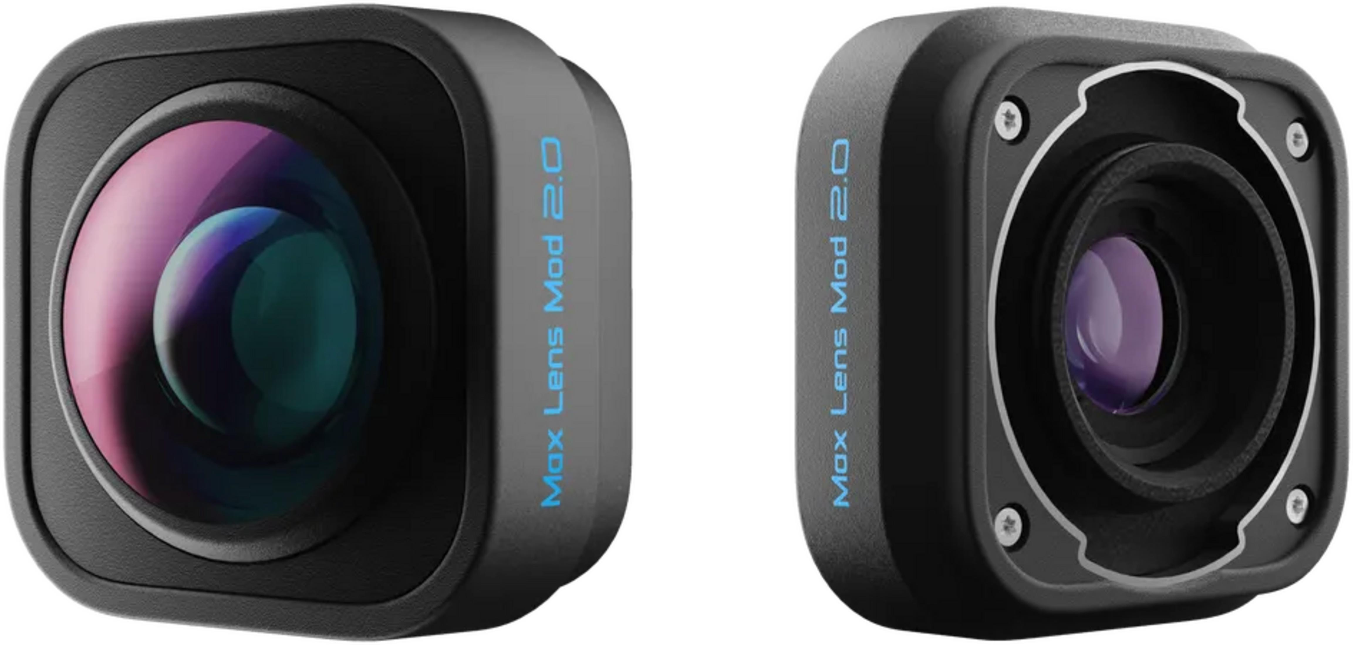 Zwei schwarze Objektivmodule mit blauer Beschriftung 'Max Lens Mod 2.0'.