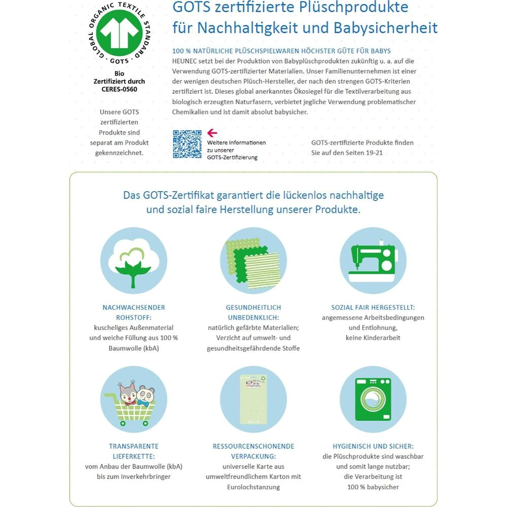 GOTS-Zertifikat für Plüschprodukte: Nachhaltigkeit, Babysicherheit, Rohstoffe, Gesundheit, faire Herstellung.