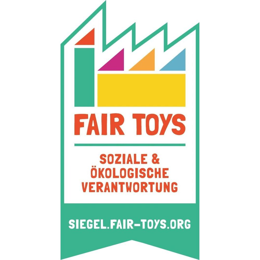 Logo mit Fabrikdach, Fair Toys, Soziale & Ökologische Verantwortung, Siegel.fair-toys.org.