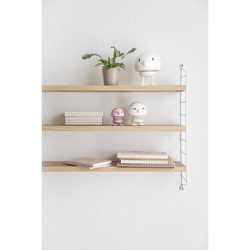 Tre mensole in legno espongono oggetti decorativi: una pianta, statuette e libri.