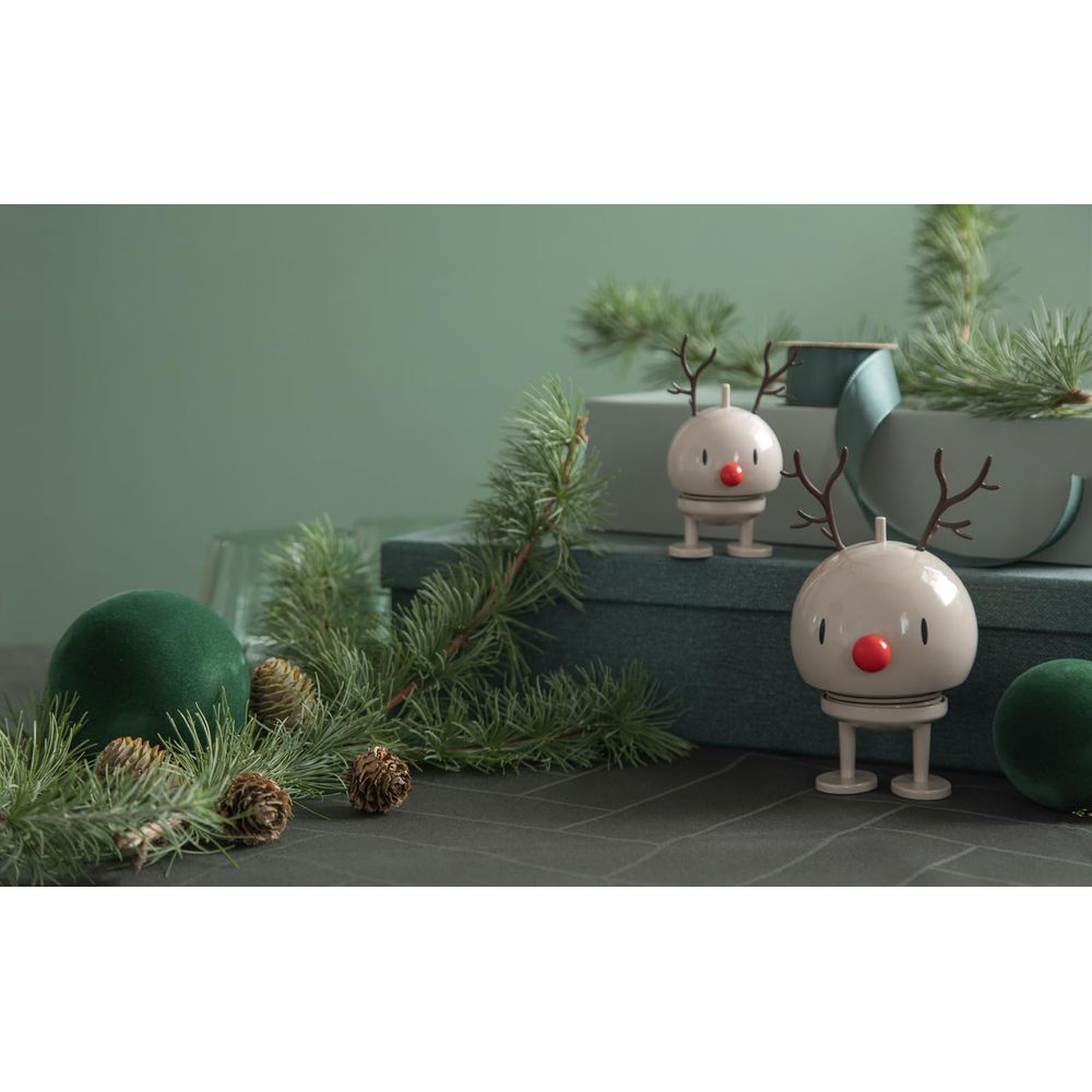 Due figure rotonde di renna con nasi rossi e corna marroni stanno su scatole regalo verdi.