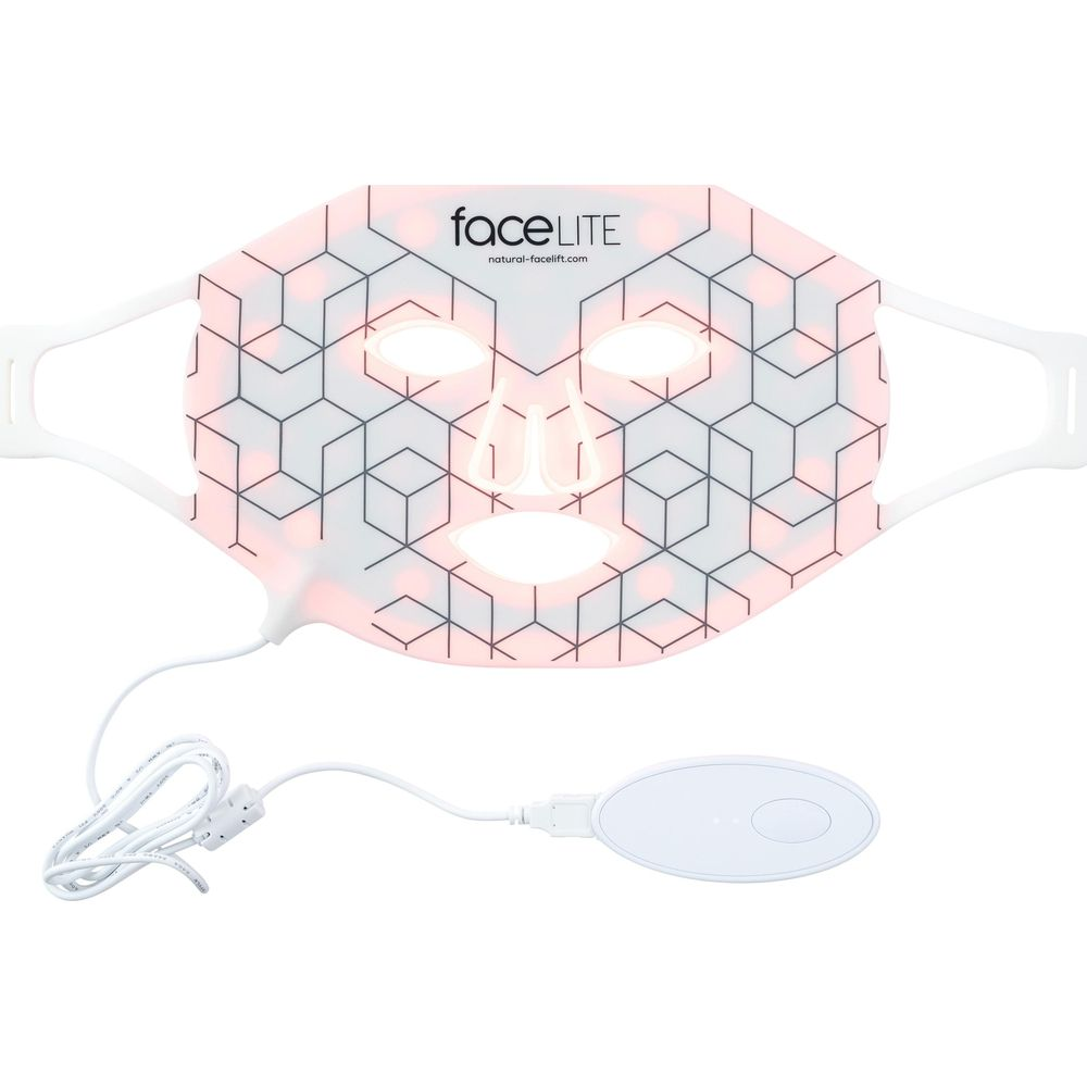 Eine weiße LED-Gesichtsmaske mit geometrischem Muster und Kabel.