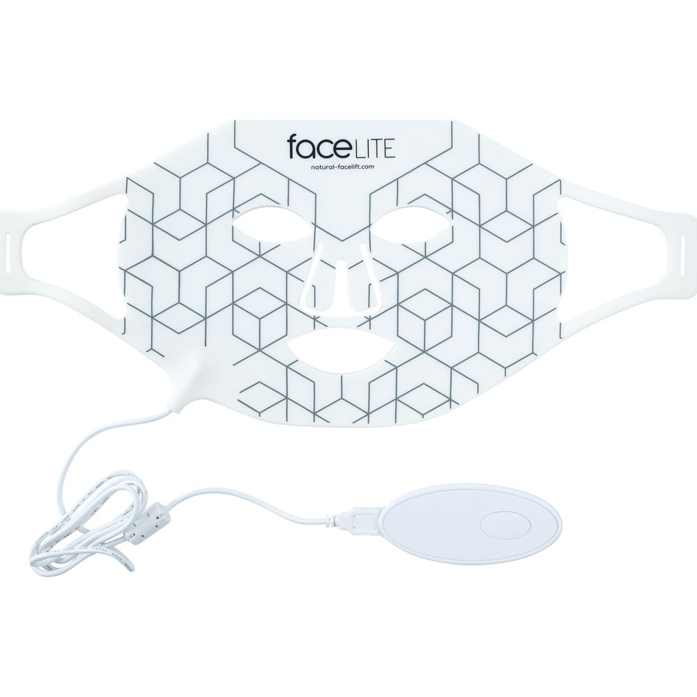 Weiße Gesichtsmaske mit geometrischem Muster und Kabel.