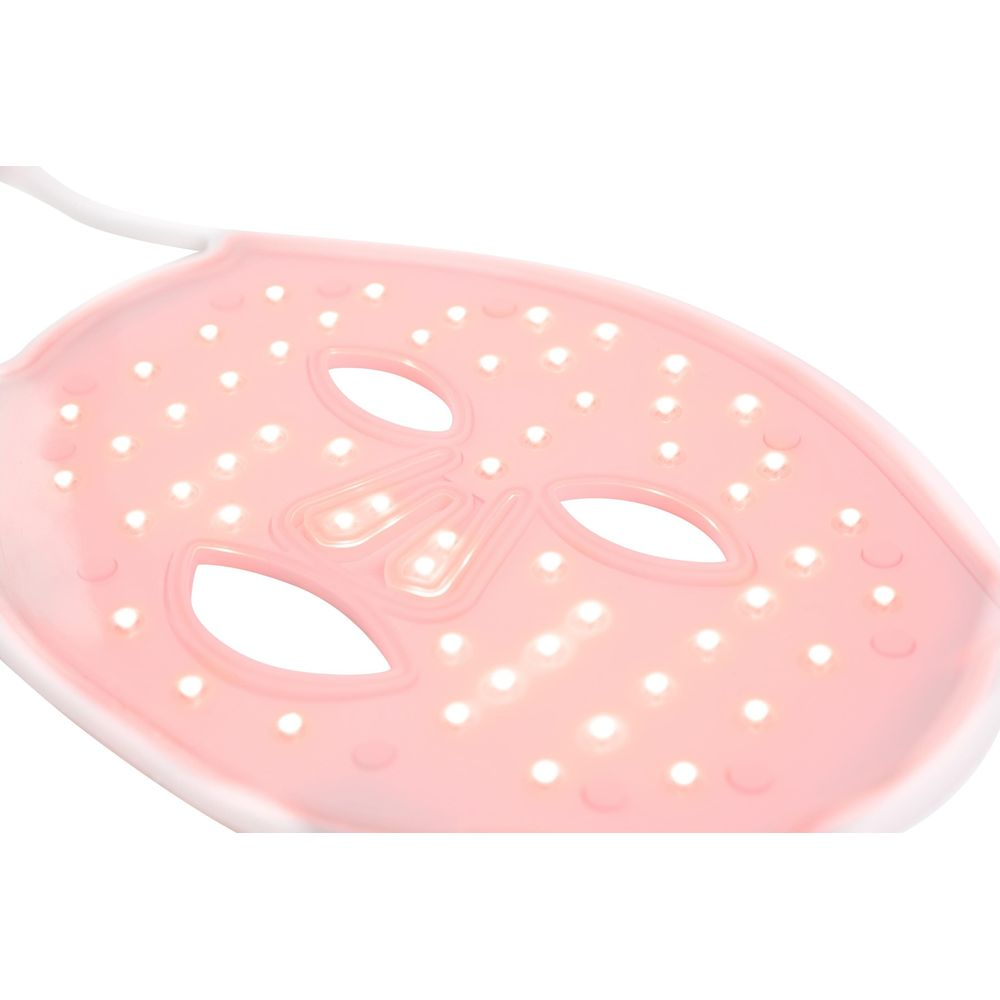 Eine rosafarbene LED-Gesichtsmaske mit Lichtern für die Augen und den Mund.