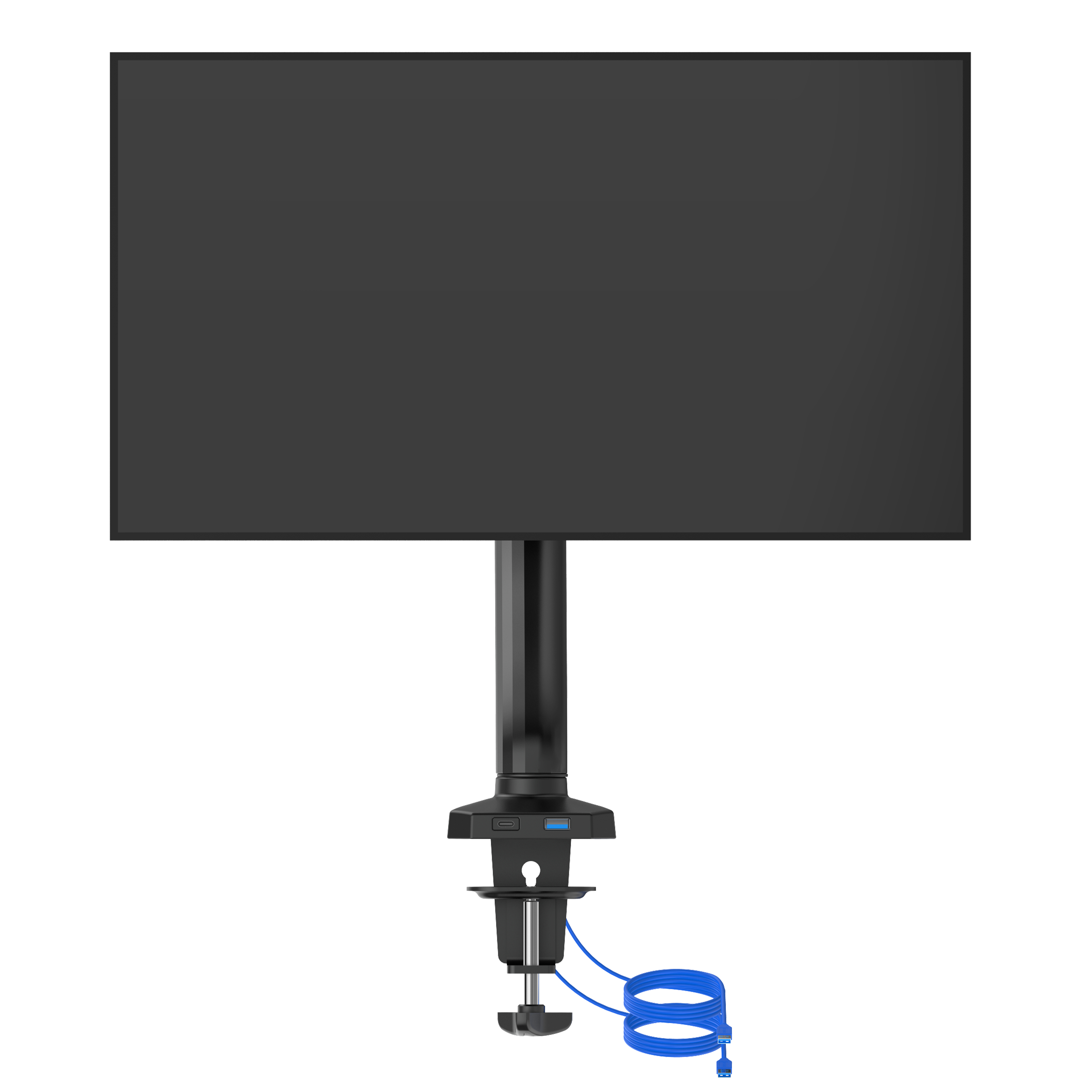 Un monitor nero su un supporto con base a morsetto e cavo blu.