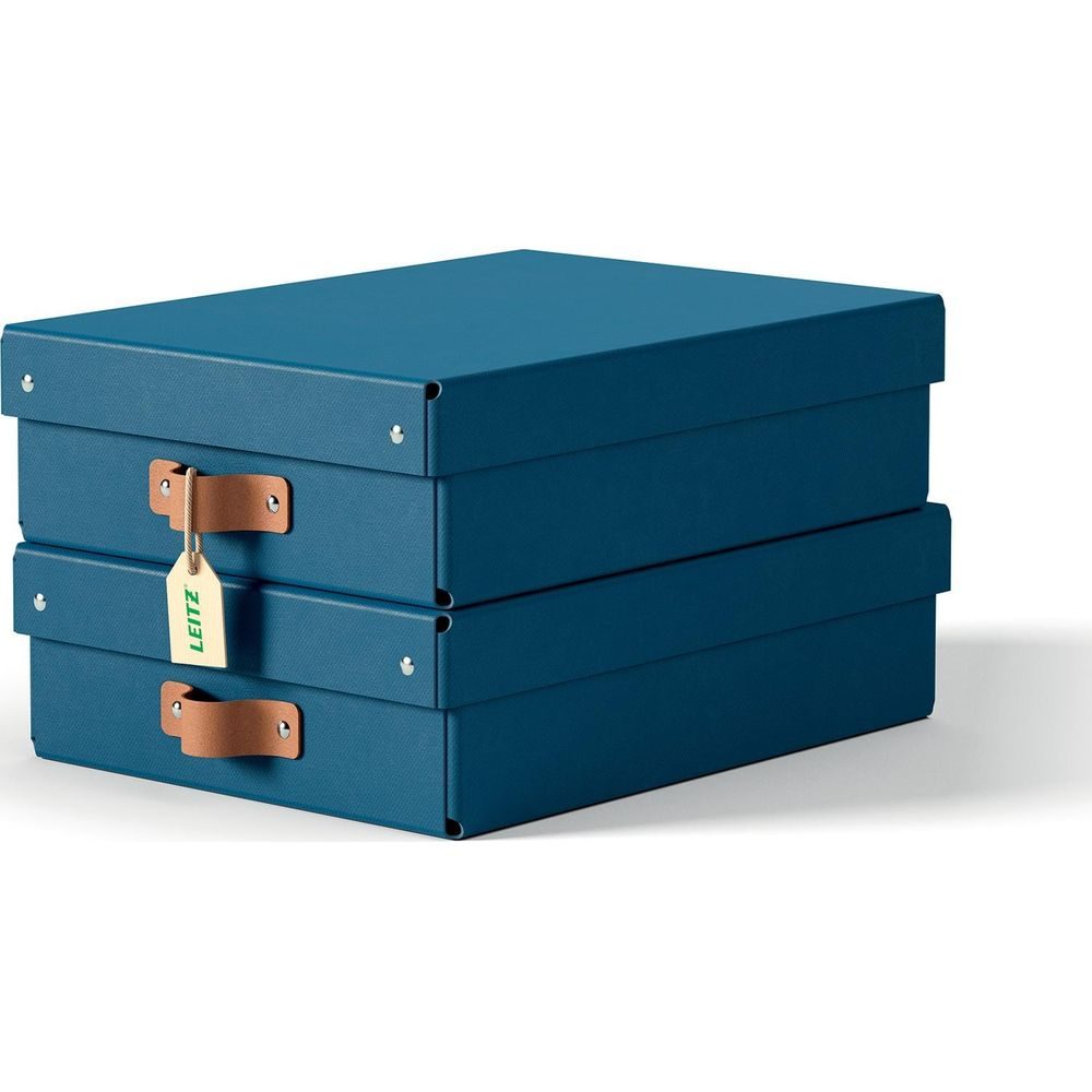 Stapel von zwei blauen Aufbewahrungsboxen mit Ledergriffen und Leitz-Etikett.