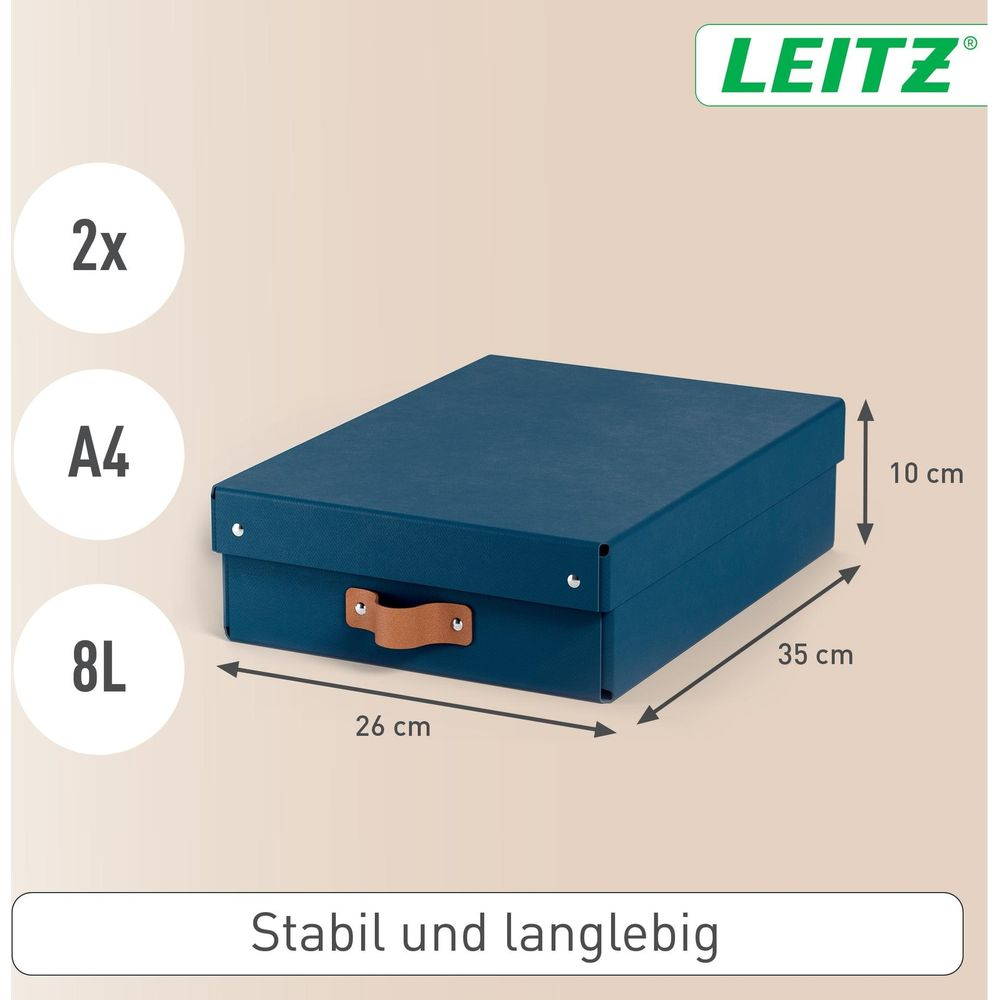 Dunkelblaue Aufbewahrungsbox mit Griff. Maße: 26x35x10cm.
