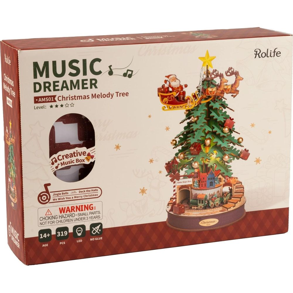 Rolife Music Dreamer Weihnachtsbaum-Melodie-Box mit Weihnachtsmann, Rentieren und Dorf.
