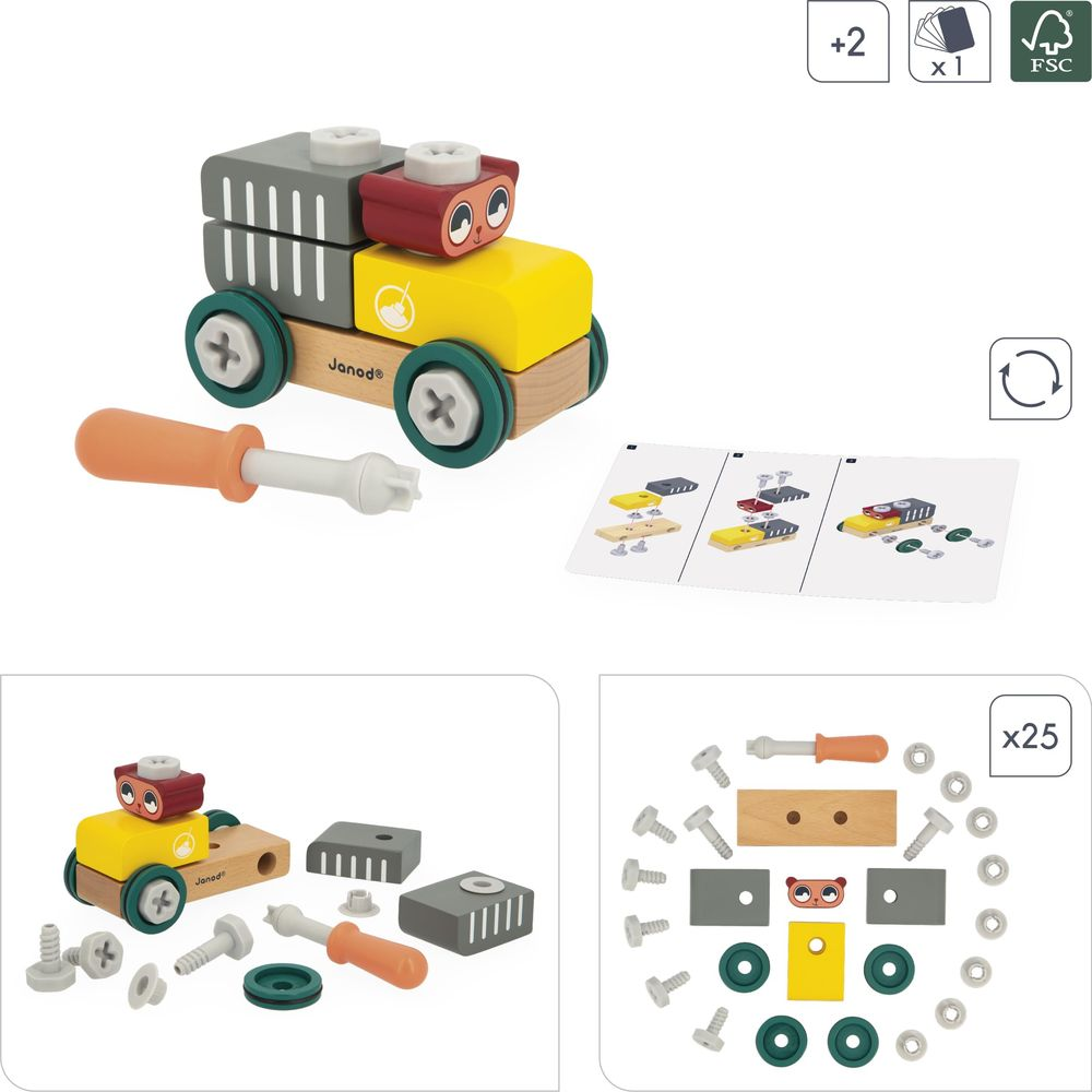 Ein bunter Holzauto-Bausatz mit Schrauben, Rädern, Werkzeug und Anleitung.