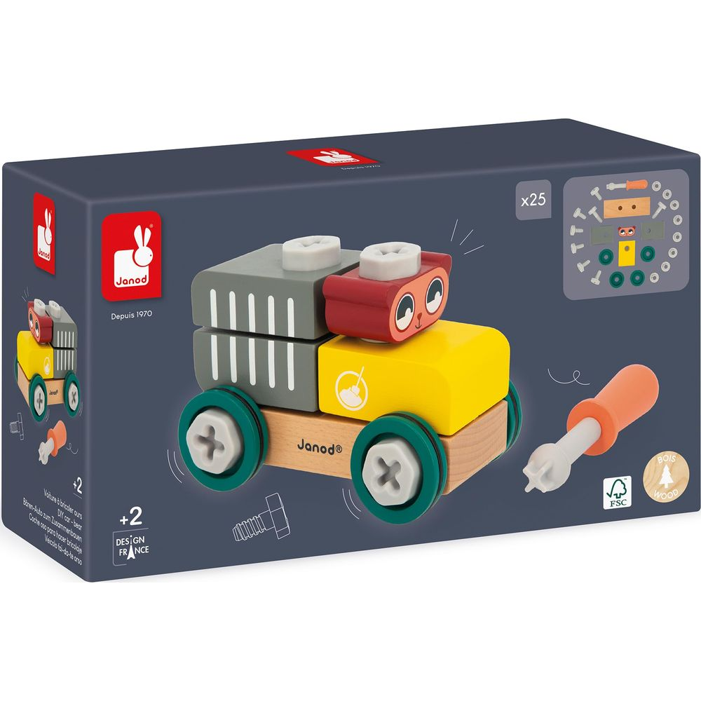 Bunte Holzspielzeug-Auto-Bausatz mit Schraubendreher und Schrauben auf dunkelblauem Karton.