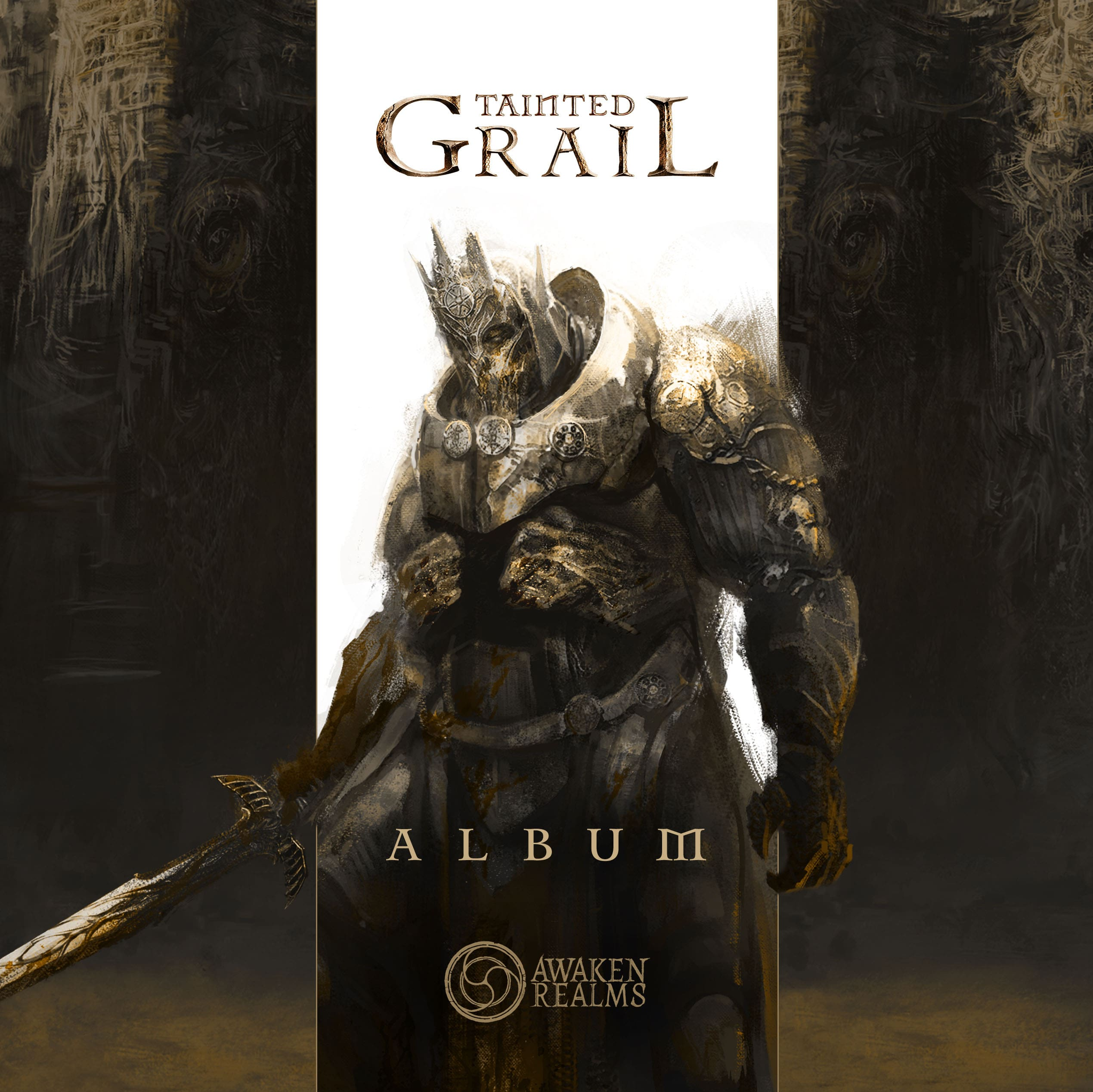 Ein Krieger in goldener Rüstung mit Krone, hält ein Schwert. "Tainted Grail Album".