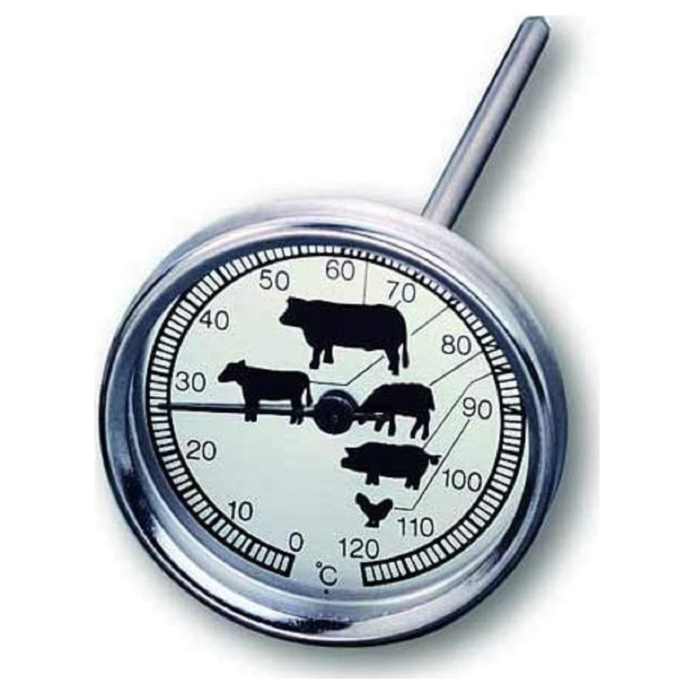Termometro per carne con quadrante che mostra temperature e icone di animali: mucca, maiale, pollo.