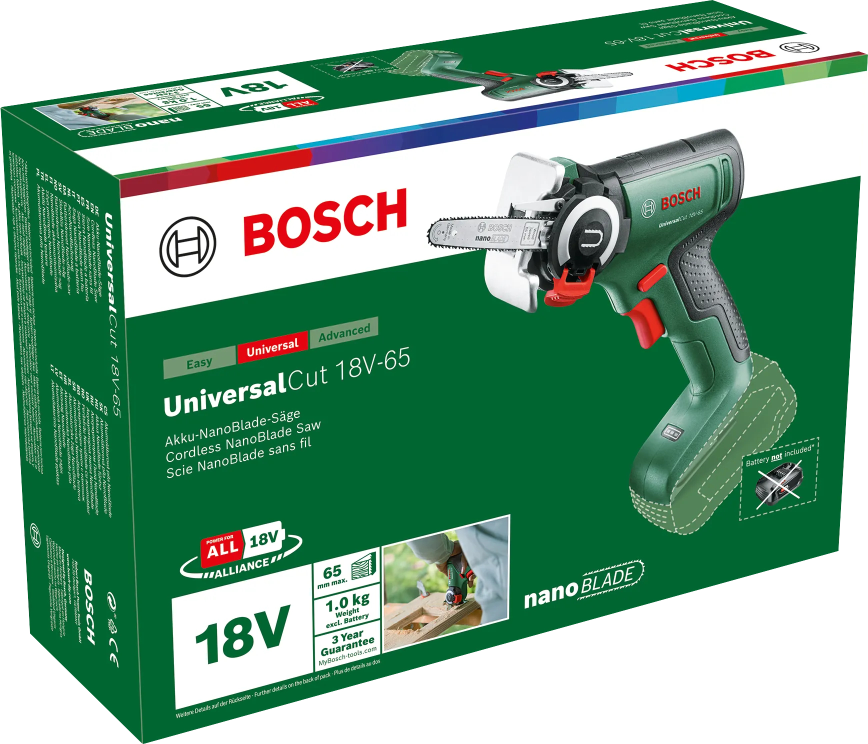 Opakowanie zielonej piły akumulatorowej Bosch UniversalCut 18V-65.