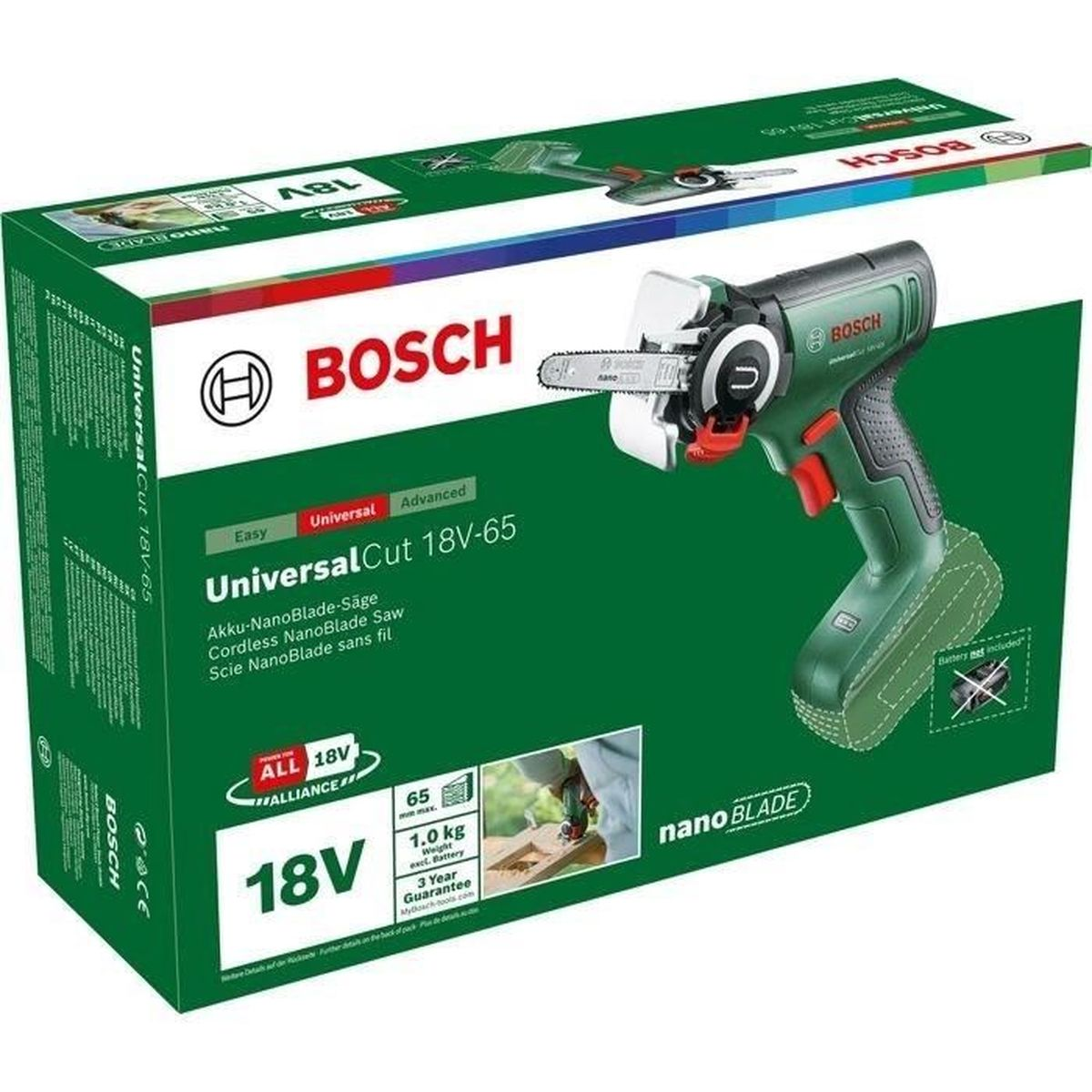 Zielone opakowanie Bosch z piłą akumulatorową, model UniversalCut 18V-65.