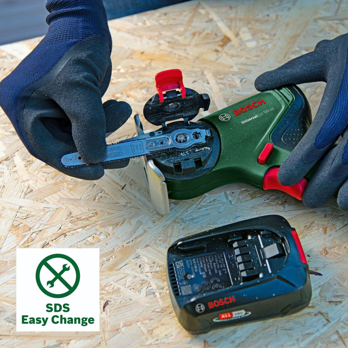 Zielone narzędzie Bosch z brzeszczotem, akumulatorem i symbolem SDS Easy Change.