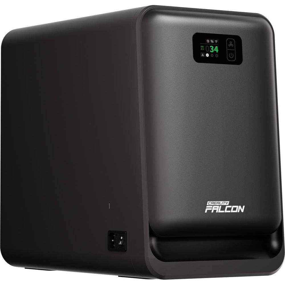Schwarzer Creality Falcon 3D-Drucker mit Digitalanzeige und Netzschalter.