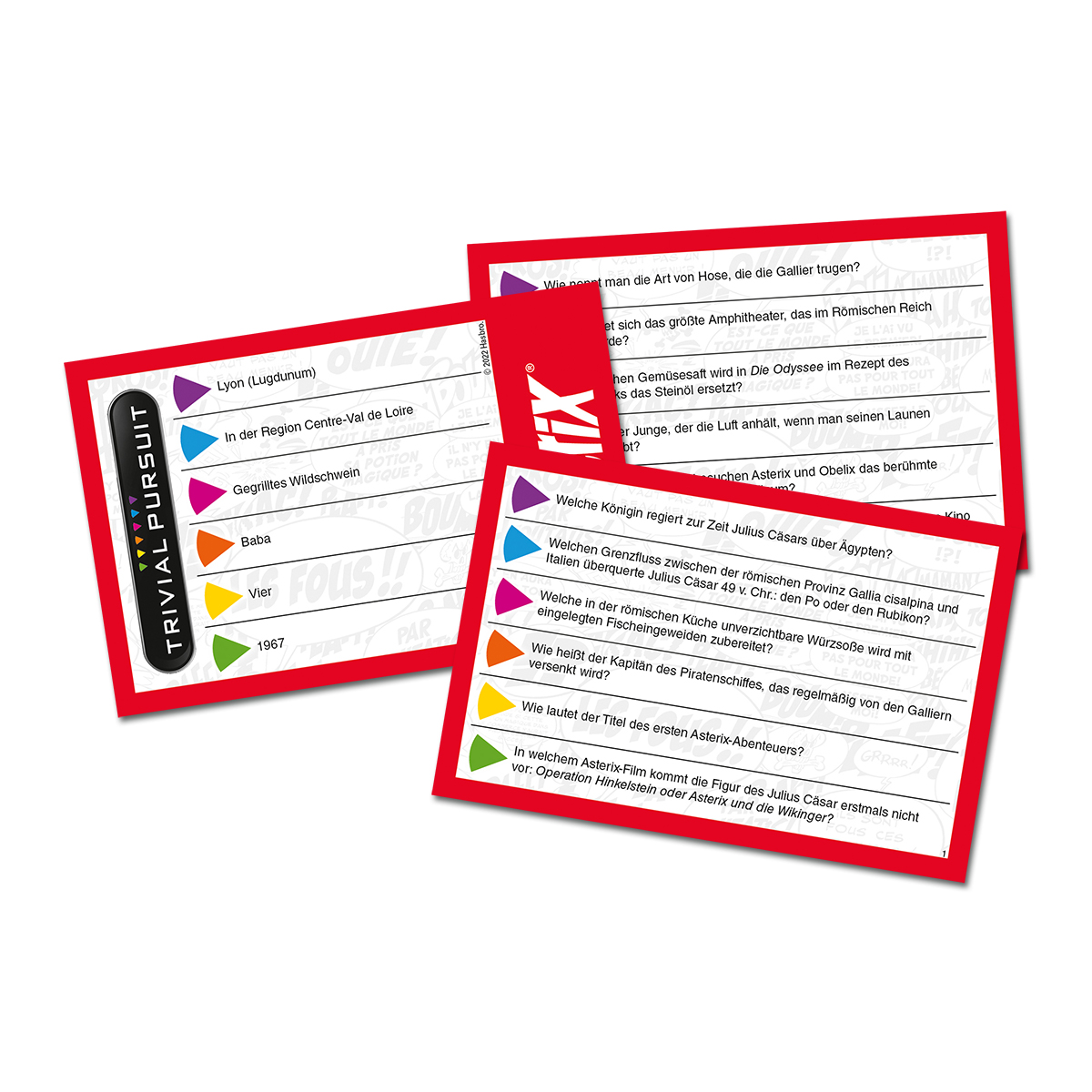 Trivial Pursuit Karten mit Fragen auf Deutsch und Französisch zu Geschichte, Geographie und Kultur.