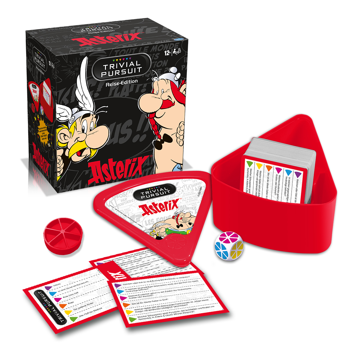 Asterix Trivial Pursuit Reise-Edition Spielbrett, Karten und Zubehör auf weißem Hintergrund.