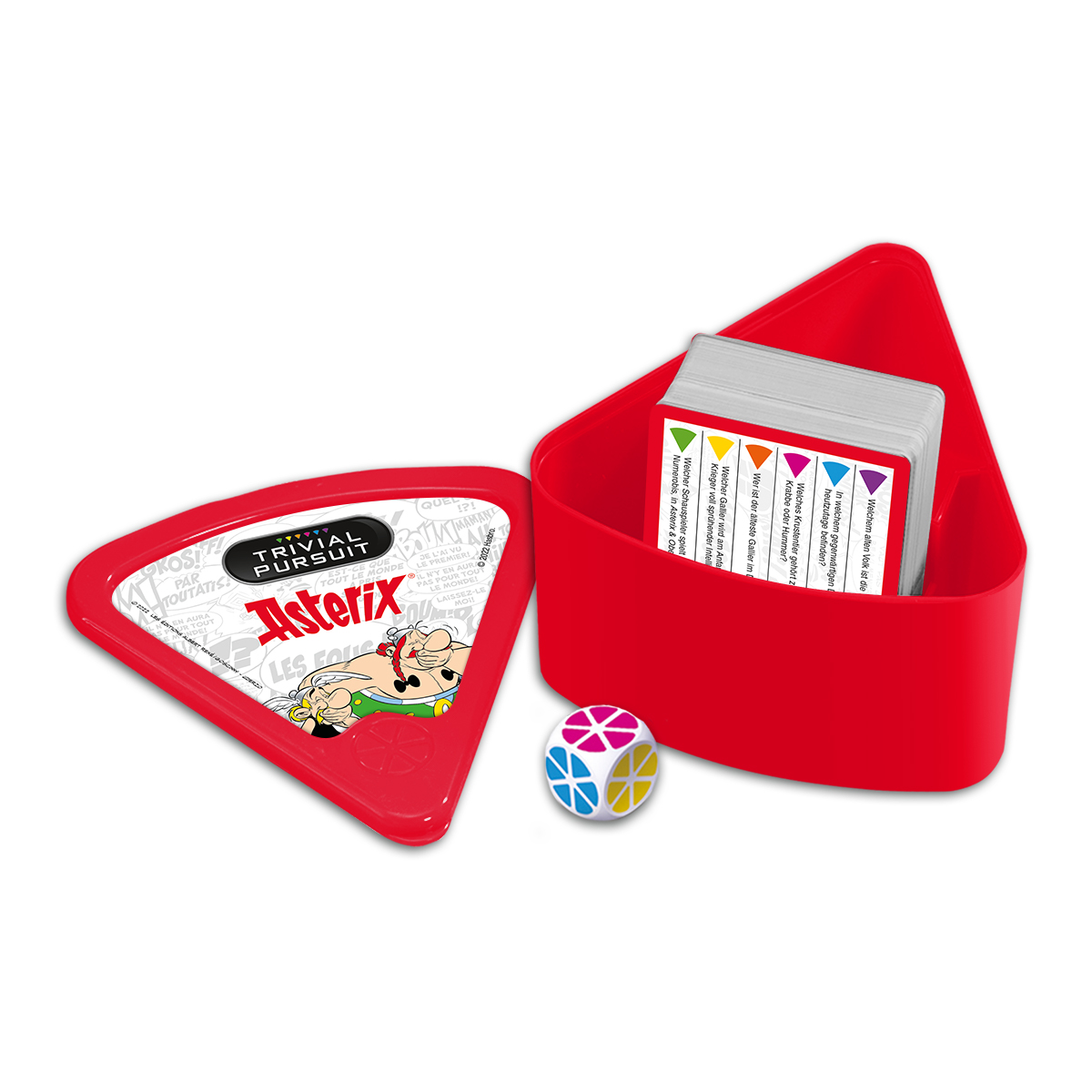 Asterix Trivial Pursuit Spiel mit Karten, Würfel und roter Box.