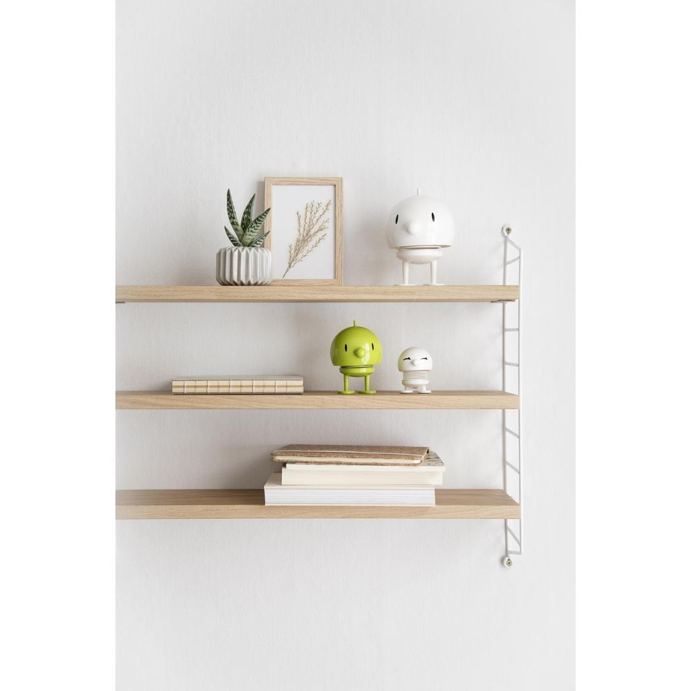 Tre mensole espongono decorazioni: pianta, quadro, figura bianca, figura verde, figura gatto, libri.