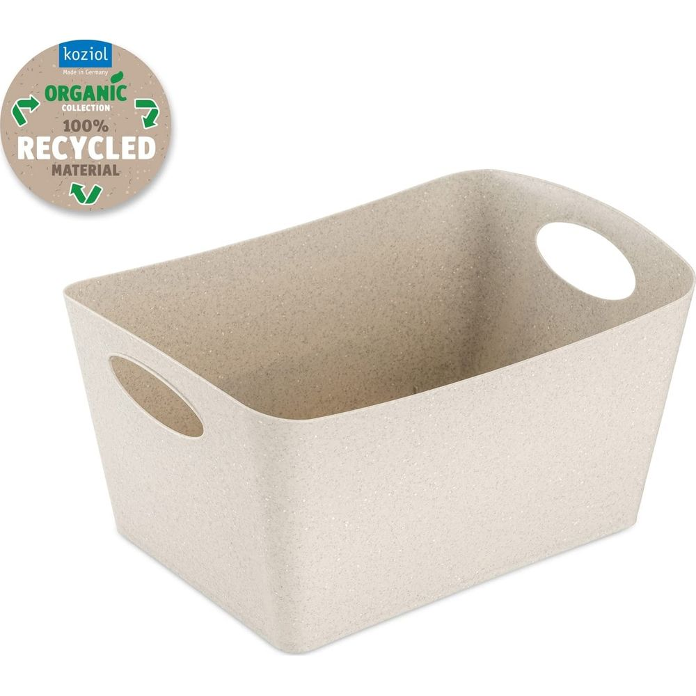 Ein beiger, rechteckiger Korb aus recyceltem Material mit Griffen.