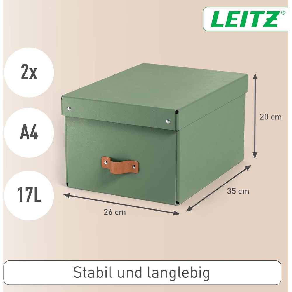 Grüne Aufbewahrungsbox mit Griff, Maße 26x35x20cm, Leitz Logo.