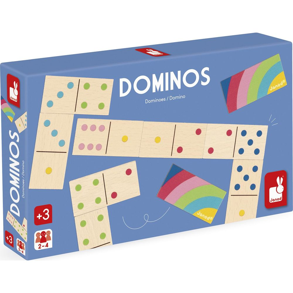 Una scatola blu mostra un gioco di domino con tessere di legno e punti colorati.