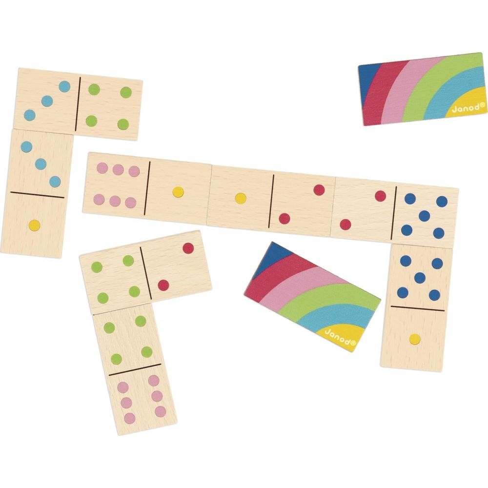 Domino di legno con punti colorati e carte arcobaleno.