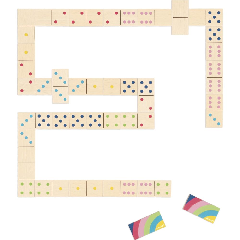 Tessere del domino in legno disposte a S. Due carte in basso a destra.