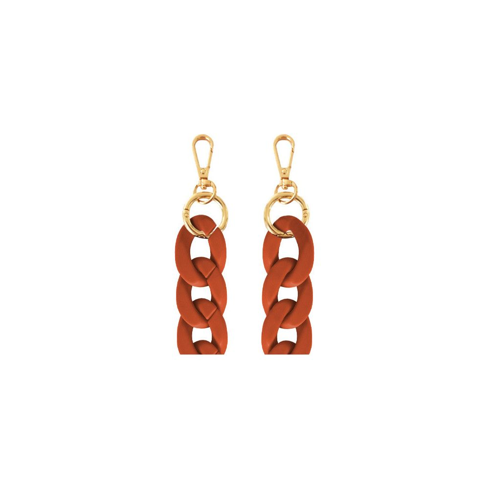 Zwei orangefarbene Ketten mit goldenen Karabinerhaken und Ringen.