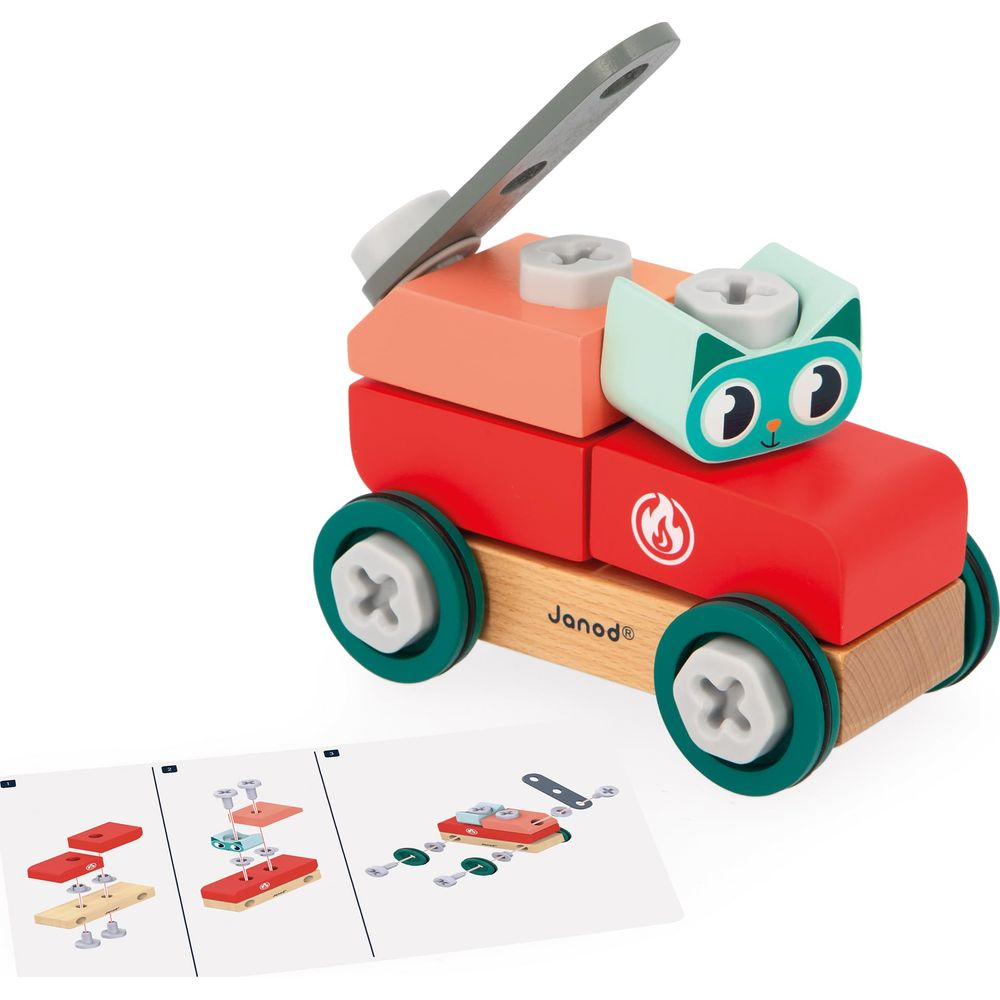 Ein bunter Holzspielzeugwagen mit Katzenmotiv, auf weißem Grund mit Anleitung.