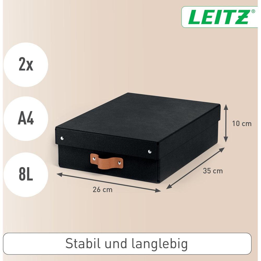 Schwarze Leitz Aufbewahrungsbox (26x35x10cm) mit Henkel, A4, 8L Kapazität.