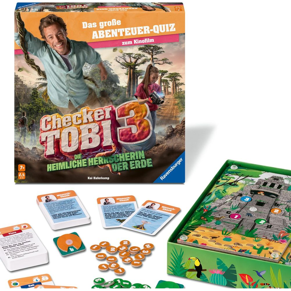 Gioco da tavolo "Checker Tobi 3" con tabellone, carte, monete e istruzioni.