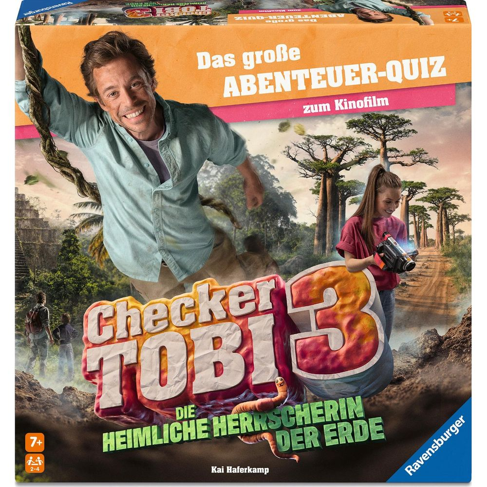 Scatola gioco da tavolo con scena giungla: Uomo si dondola, ragazza con apparecchio, rovine, alberi.