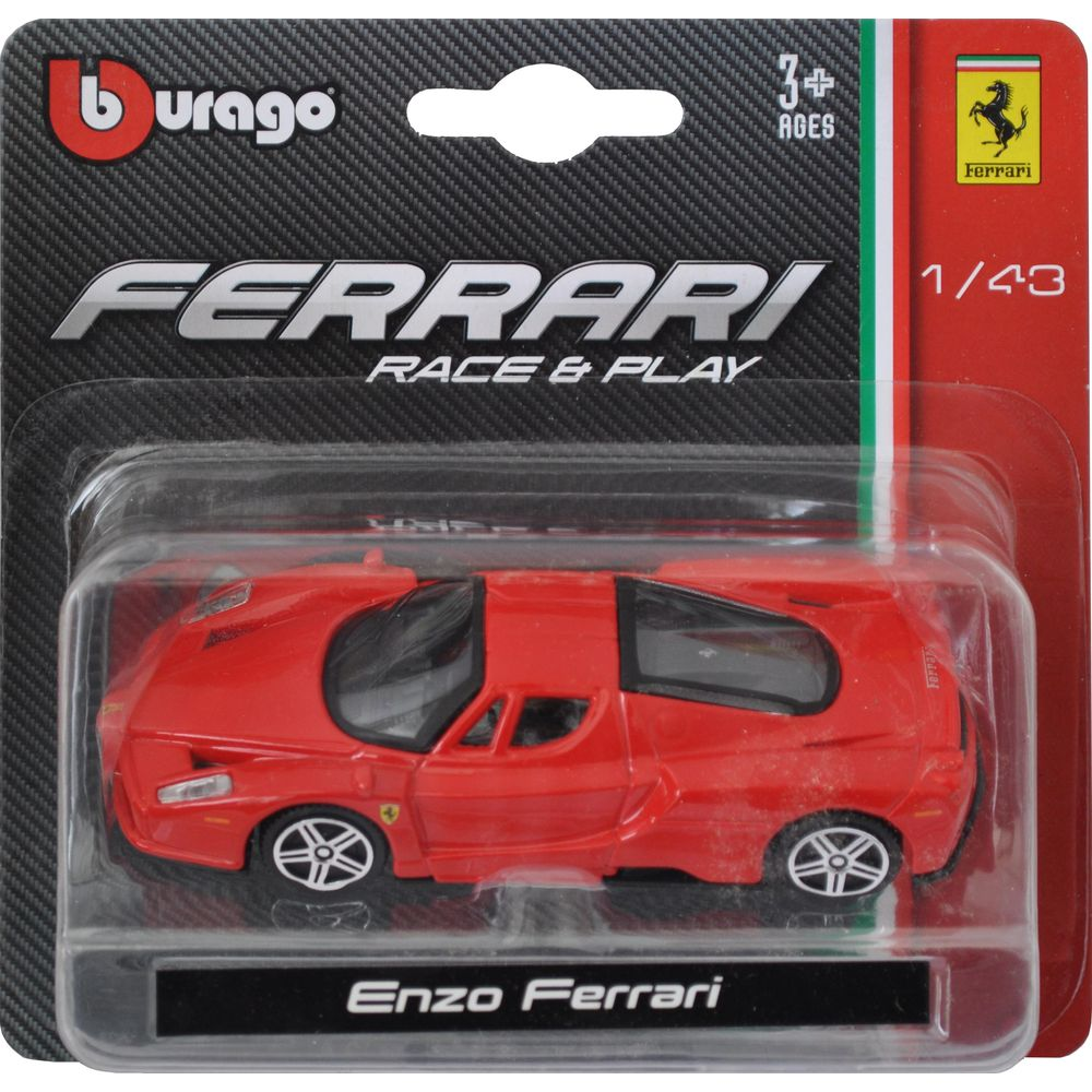 Macchinina Burago Enzo Ferrari rossa in scala 1:43 in confezione.